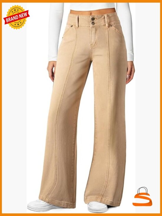 Denim - High Waisted Wide Leg Jeans Stretchy Straight Leg Denim Pants with Seamed Front
